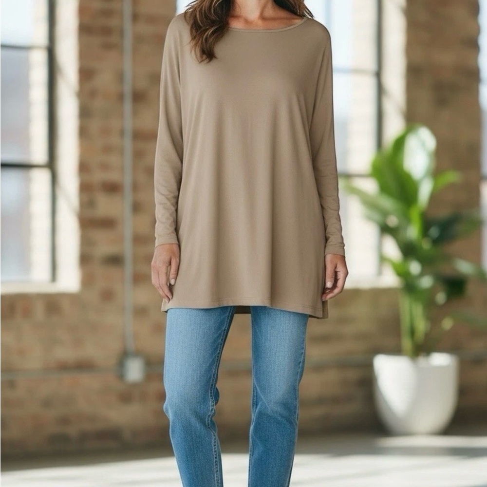 SUSAN GRAVER ESSENTIALS BEIGE PLUS SIZE 2X ROUND NECK LONG SLEEVE TOP NEW NWOT